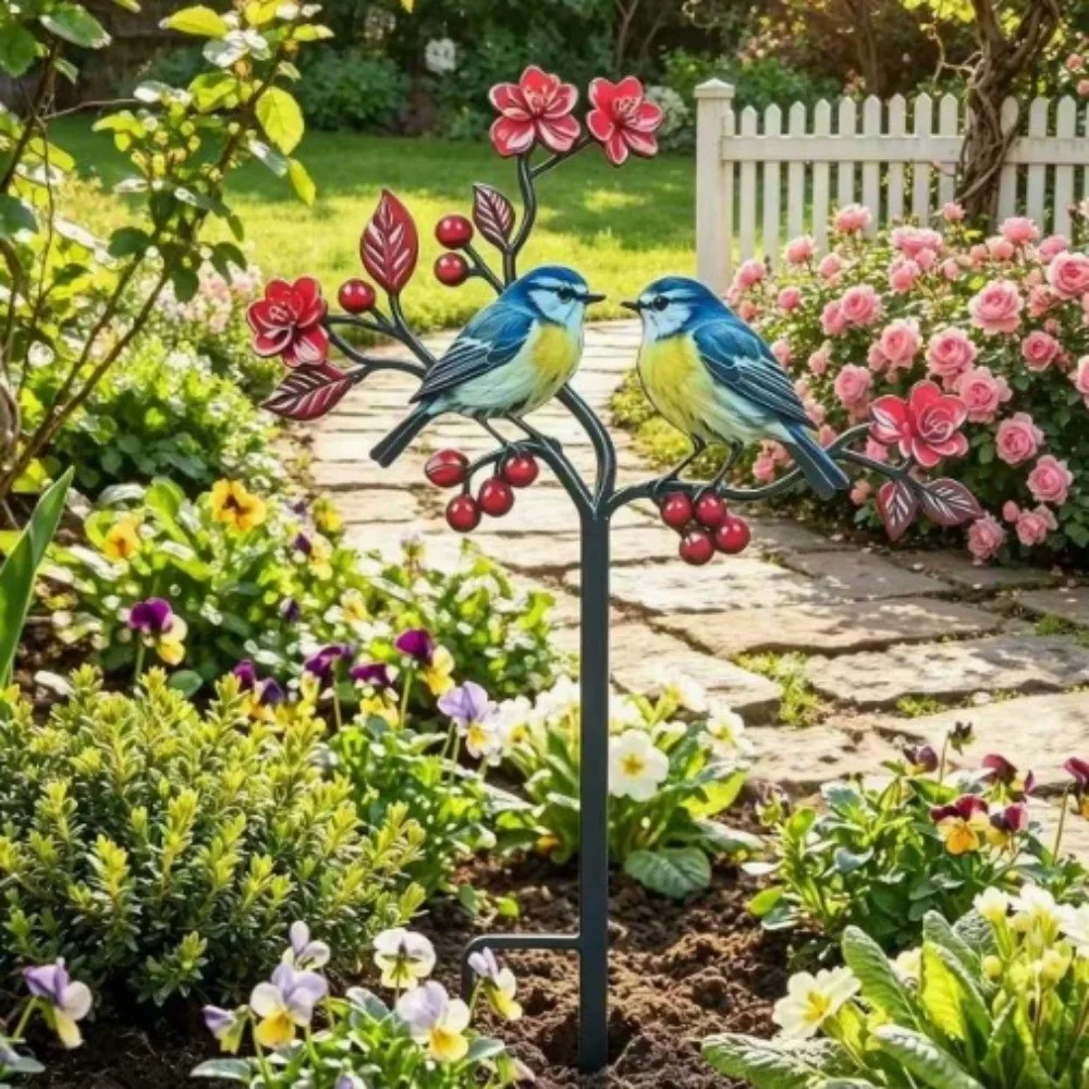 2D Flat Red Bird Garden Stake Handmade Animals Pattern Metal Garden Stake Funny Iron Flower Branch Ground Plug Home Courtyard