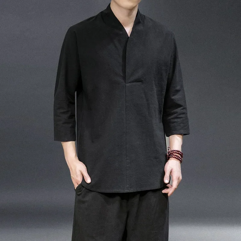 Summer Thin Hanfu Ancient Style 3/4 Sleeves Solid Color Kung Fu Clothes Harajuku Top Chinese Style Cotton Linen T Shirt Men