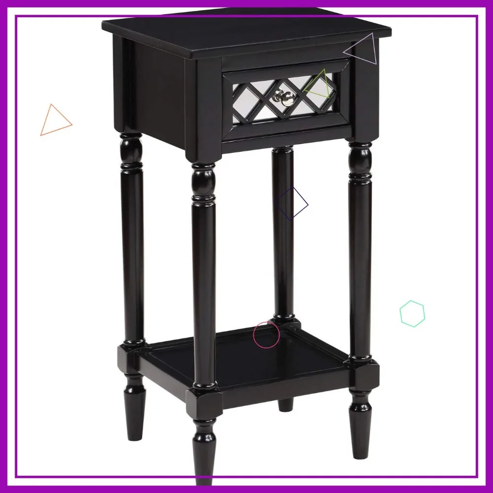 

French Country Deluxe Accent End Table with Mirrored Drawer and Shelf, Black Farmhouse Side Table for Living Room
