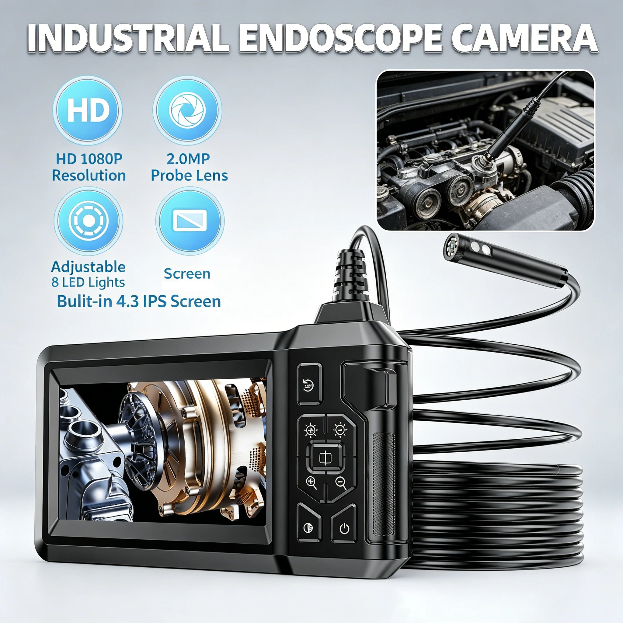 Endoskopkamera, 4,3 Zoll, 1080P HD, Doppellinsen-Inspektionskamera, Endoskopkamera, IP67, wasserdicht, Industrie-Endoskop mit 2000 mAh für das Auto