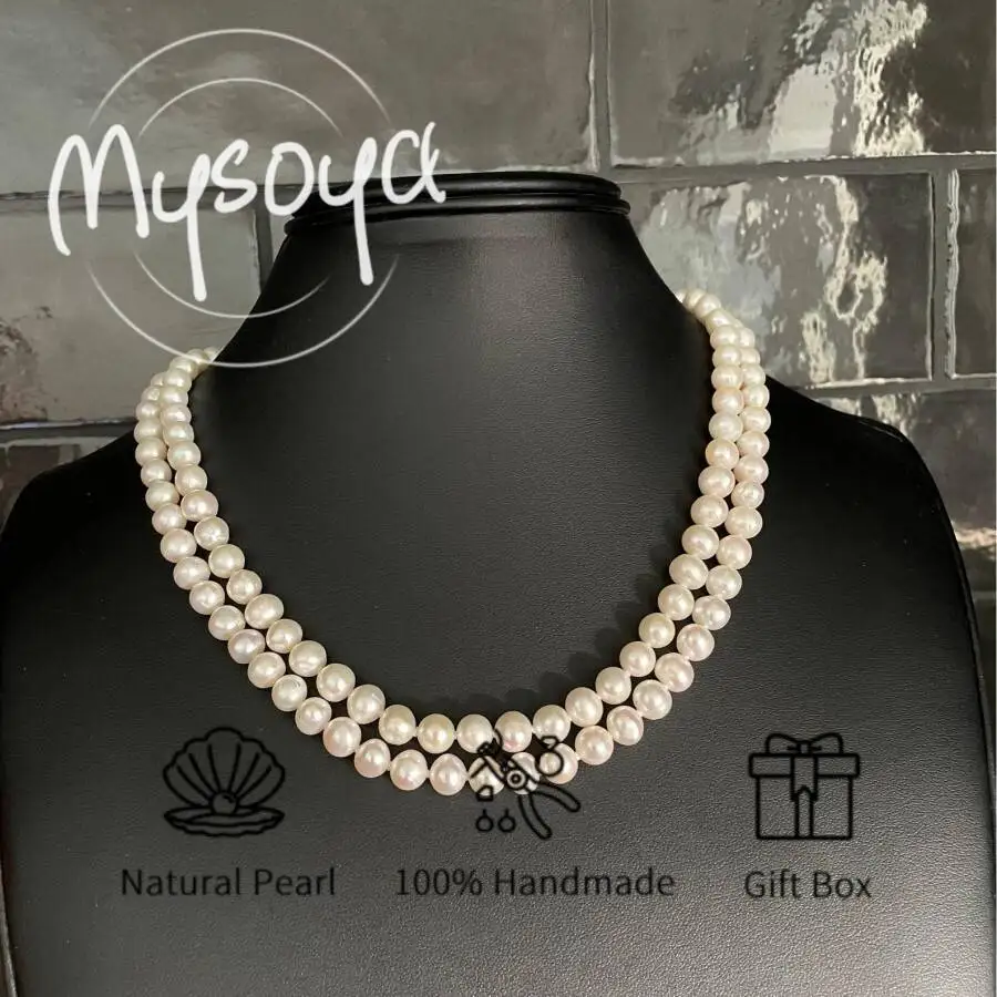 

MYSOYA 7-8 мм натуральный белый пресноводный длинный жемчуг ожерелье для женщин и мужчин с подарочной коробкой день рождения, свадьба, рождественские украшения, подарок