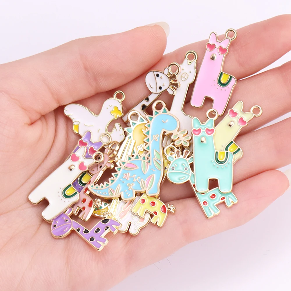 Mixed 15Pcs Cute Animal Enamel Giraffe Alpaca Charms Pendants for Earrings Necklace DIY Jewelry Making Accessories Wholesale