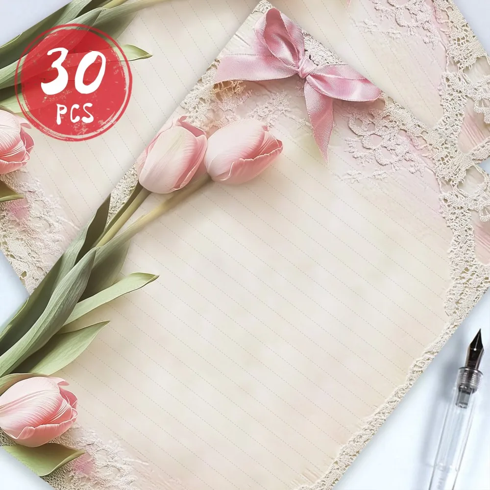30 Blatt B5-Schreibpapier mit Spitzen-Tulpenmuster, mit Linien, ohne Klebstoff, geeignet für Notizbücher, Memo-Blöcke und Notizen. – Detail 6