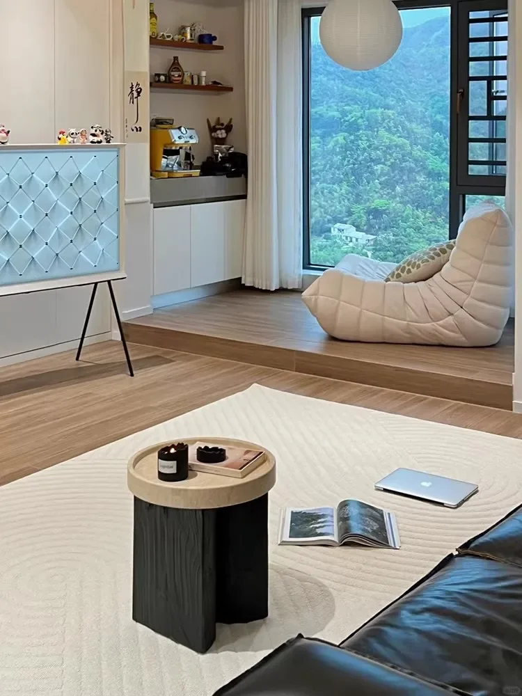 Wabi-sabi Style Cave Stone Round Shape Tea Table Simplicity Design Tray-shaped Storage Table Living Room Sofa Small Side Table
