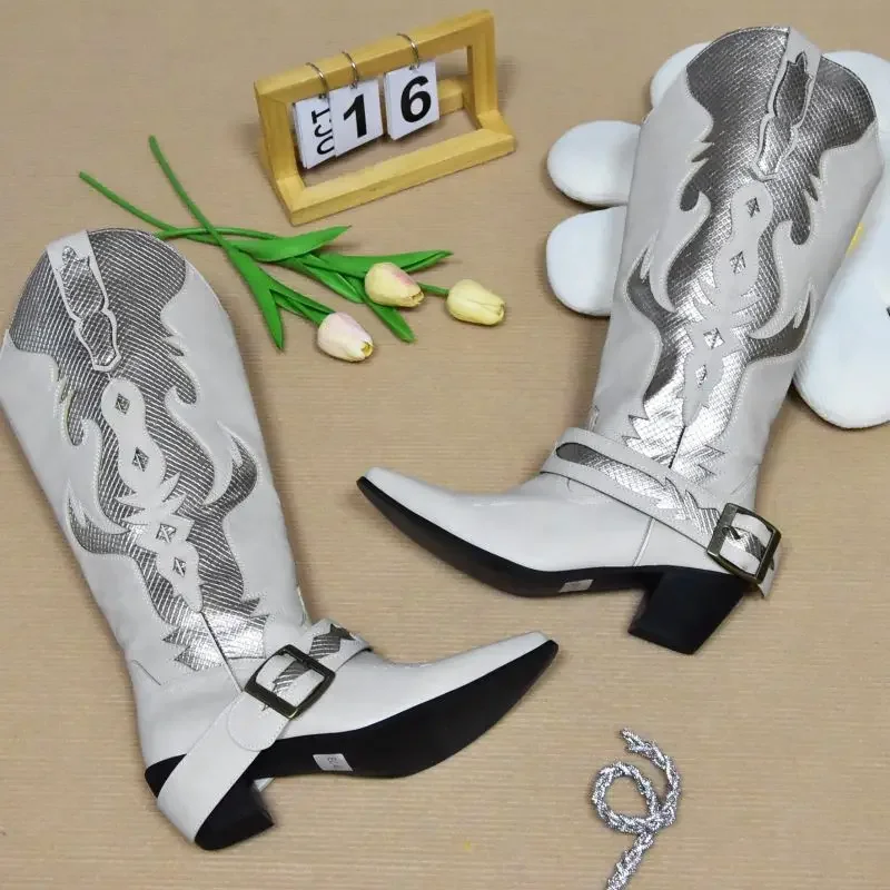 

2024 Spring Western Cowgirl Cowboy Boots for Women Knee High Boots Luxury Long Silver Retro Sparkle New in Women's Boots