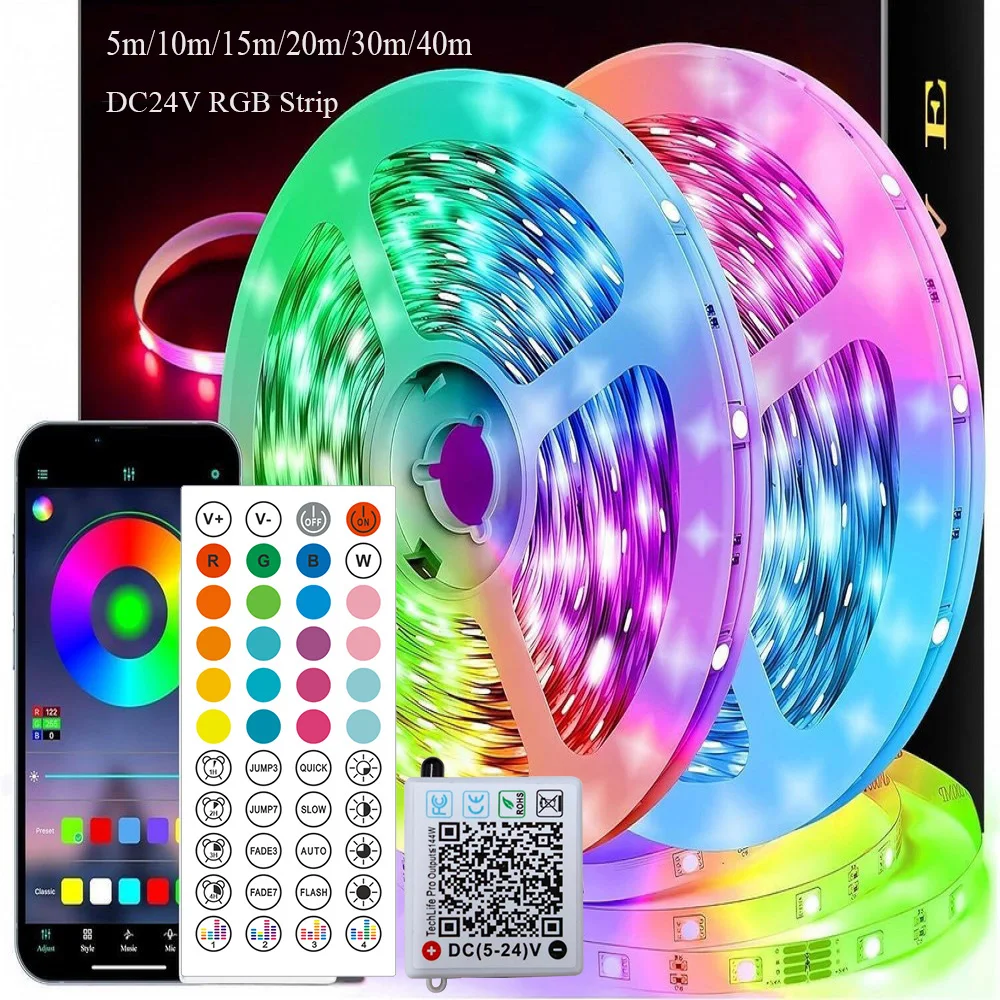 

DC 24V RGB Led Strip Lights 5m 10m 30m 40m Led Lights with APP Control Flexible Ribbon for Room Bedroom Decor TV Backlights