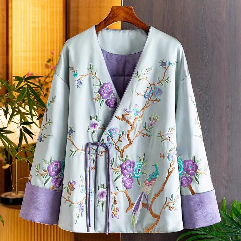 

Winter New Chinese Style Vintage Exquisite Embroidery V-Neck Top Single Button + Tassel Contrast Cuffs Lady Cotton Coat S-XXL