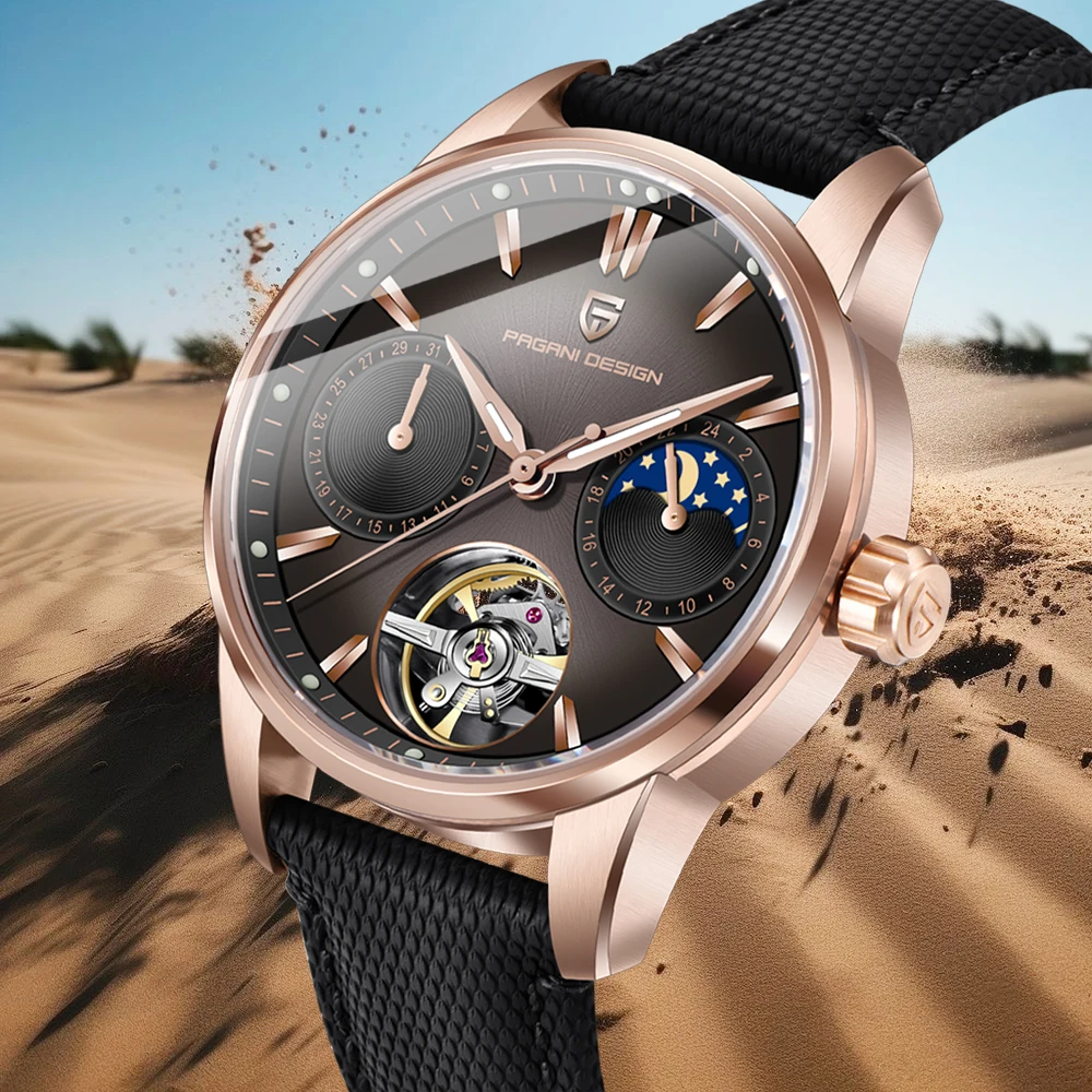 PAGANI DESIGN Urban Herren Mechanische Uhr Leichter Luxus Trendige Edelstahl-Lederarmband Mondphase Kalender Tourbillon Armbanduhr