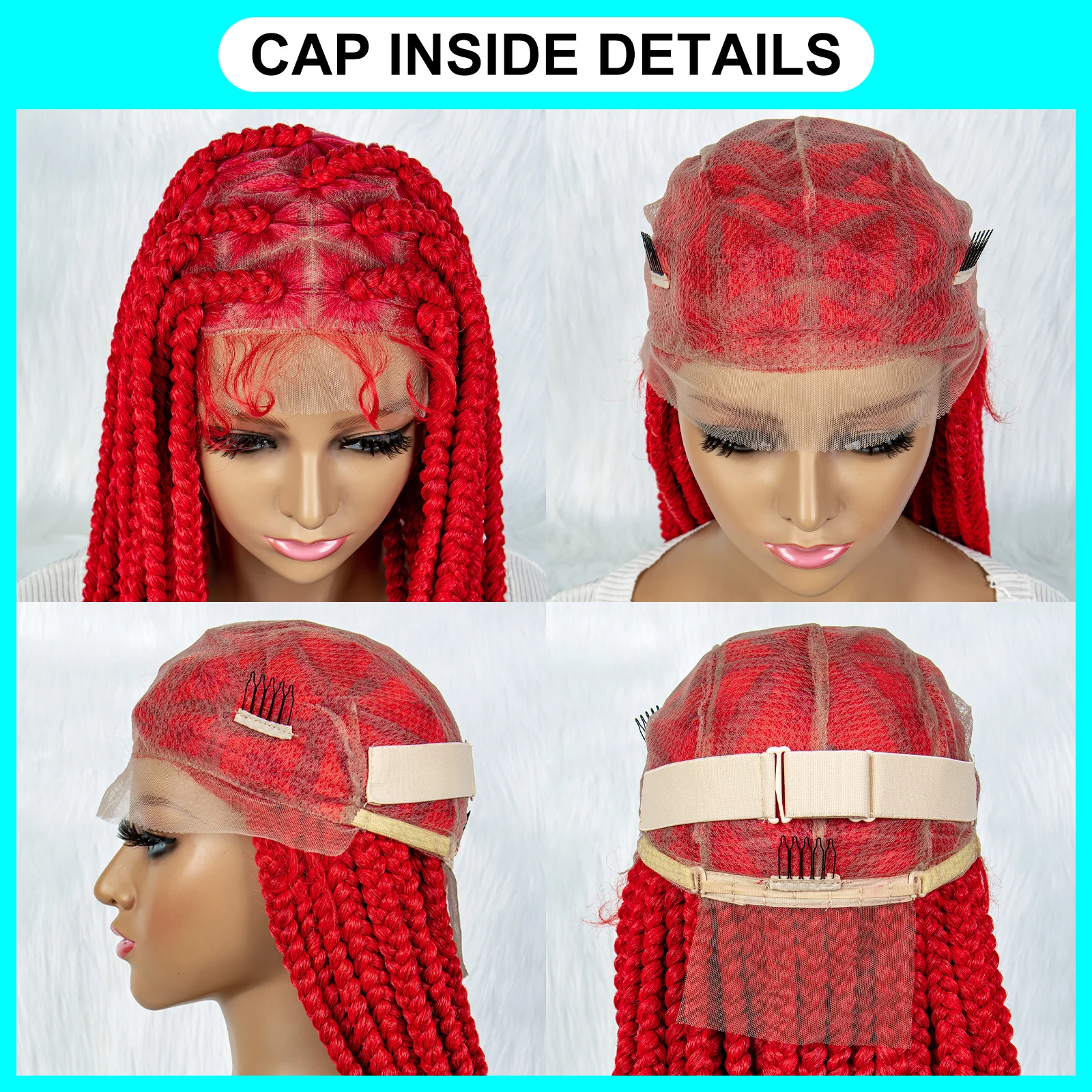 Wig kepang warna merah untuk wanita hitam Wig sintetis renda depan kotak tanpa simpul besar Wig kepang Cornrow penuh renda