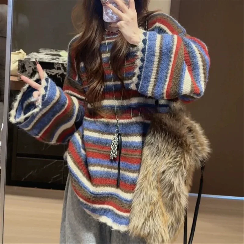 Multicolor Stripe Jacquard Knit Pullover Women Round Neck Long Sleeve Oversized Warm Sweater