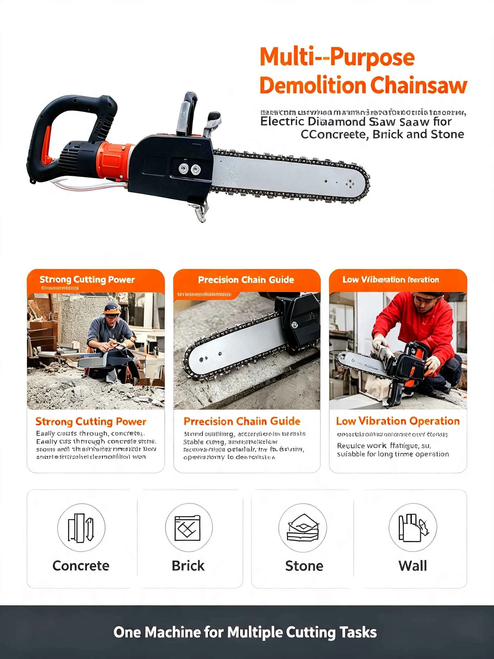 220V Portable Electric Diamond Chainsaw Handheld Concrete Cutting Saw Wall Cutting Machine For Stone Brick Demolition
