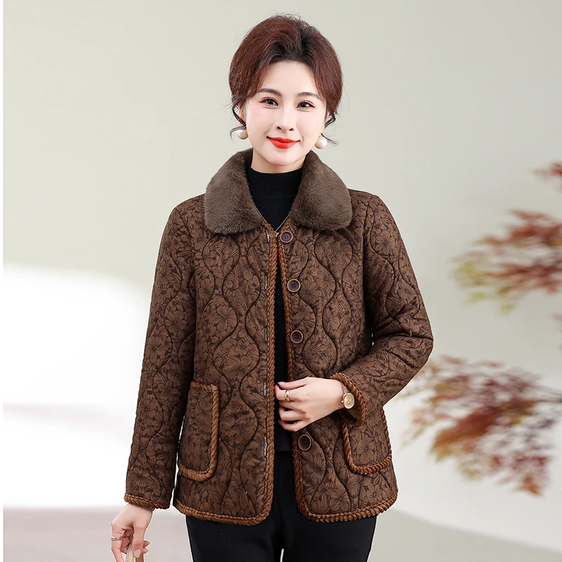 

New Ladies Fleece Lined Warm Cotton Jacket Mid Length Mom Cold Proof Casual Women's printing Outerwear