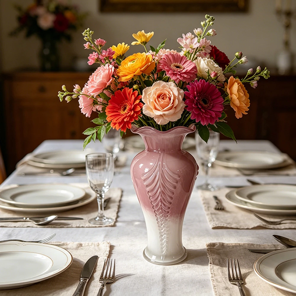 Handmade beautiful shoulder-shaped glass vase with wavy edges, with embossed floral motifs on the main body of the vase