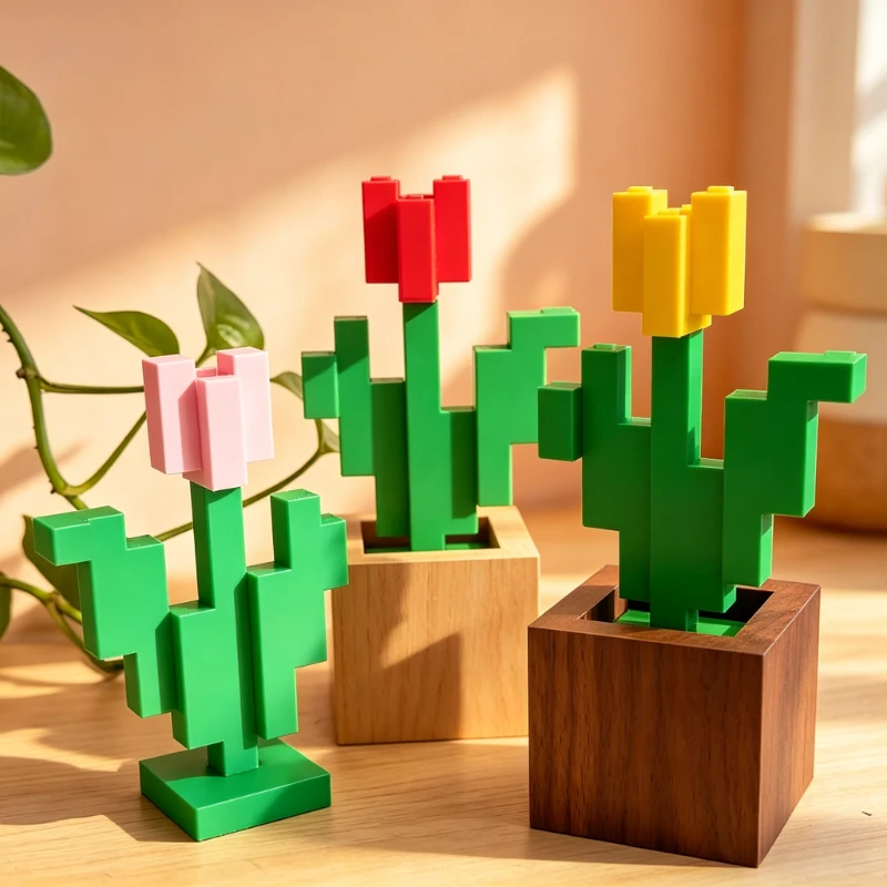 

MW Generic 3D Printed Potted Charming 3D Printed Pixel Rose Perfect for Bedroom Decoration No Need for Power, Durable Plastic