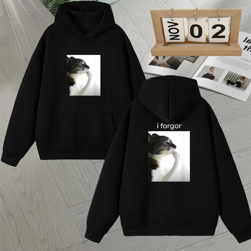 

Funny Silly Cat Meme "I Forget" Cringe Brainrot Graphic Sweatshirt Long sleeve Casual Style Wear Bodywarmer Loose Fleece Hoodies