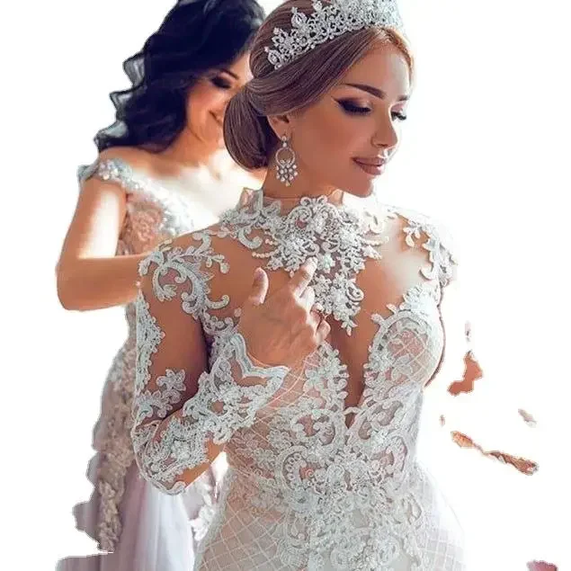 Suknia ślubna na zamówienie 2024 z okrągłym dekoltem, długim trenem, tiulową aplikacją, koralikami i cekinami.