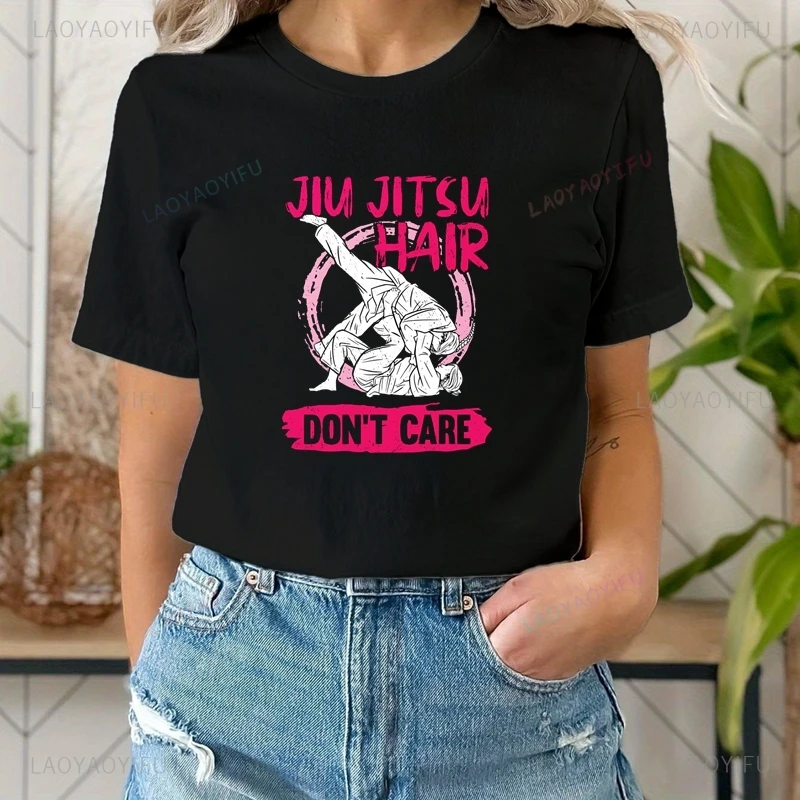 

Jiu-jitsu HAIR DON'T CARE, Women's Casual Shirt for Jiu-jitsu Lovers, Women's Fashionable Cotton T-shirt for Spring and Summer