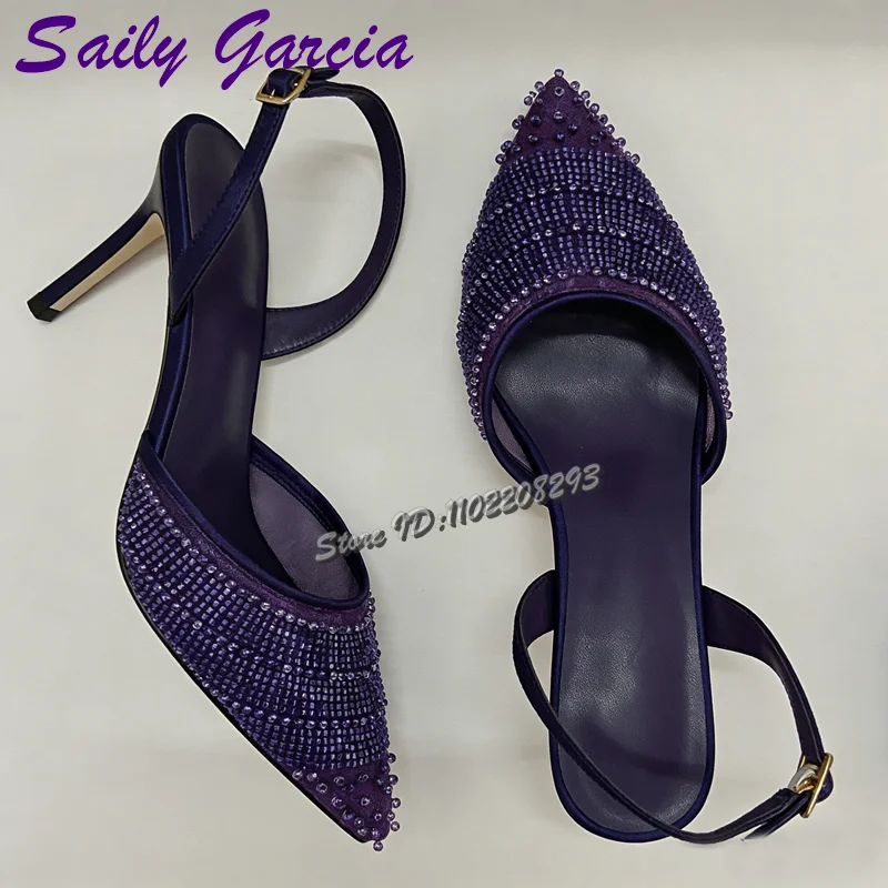 

Purple Crystal Beaded Stiletto Pumps Pointed Toe Buckle Strap High Heels Sandals New Rhinestone Women's Lady Party Shoes 2026