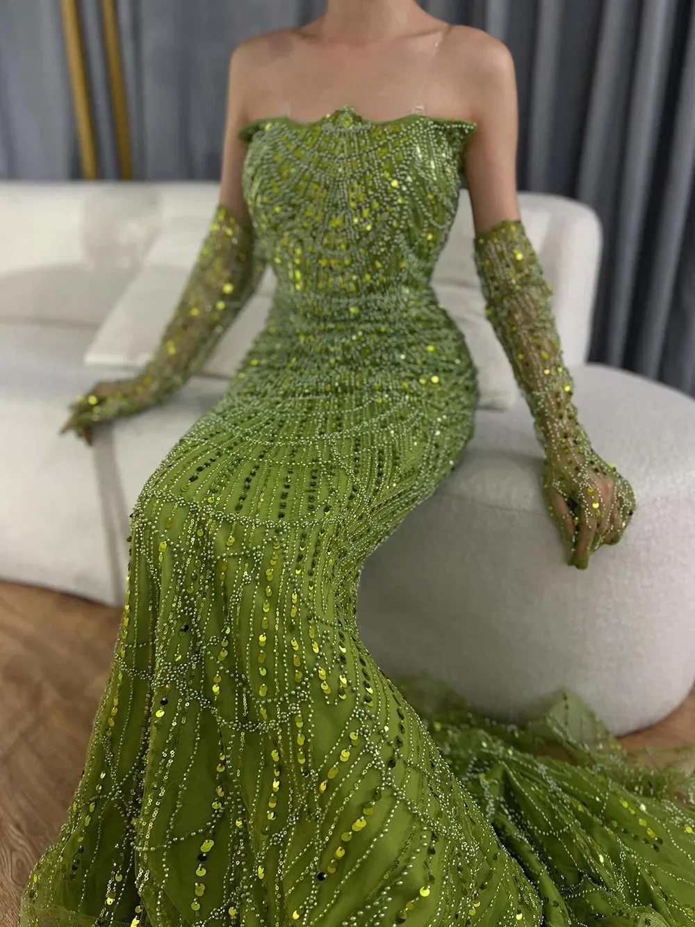 Saudi Arabia Mermaid Evening Dresses Luxury Beaded Pearls Sequin Formal Wedding Party Prom Gowns With Gloves Vestido Customized