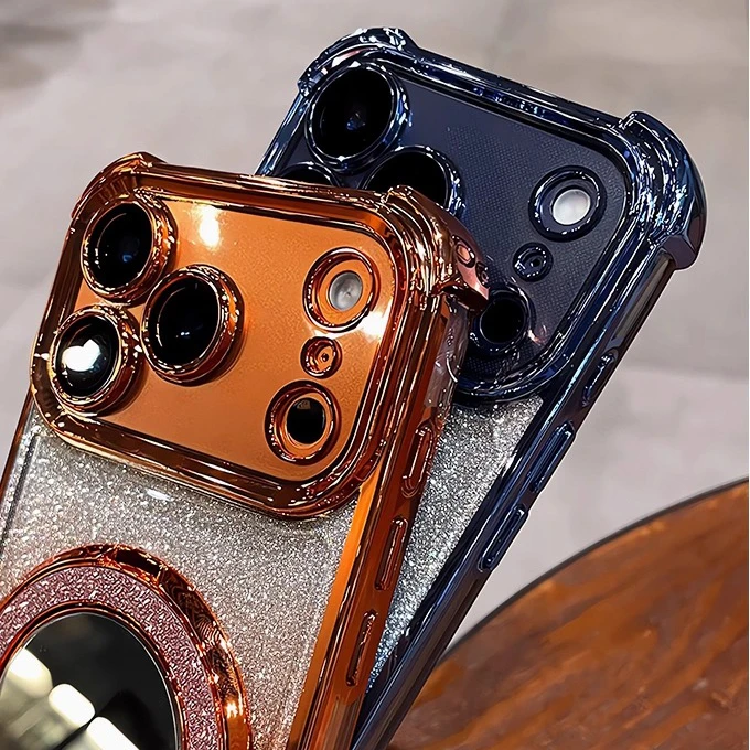 Luxury Glitter Bracket Stand Case for iPhone 17 16 15 14 Pro Max Plus 12 13 Air Mirror Ring Holder Make Up Bling Gradient Cover