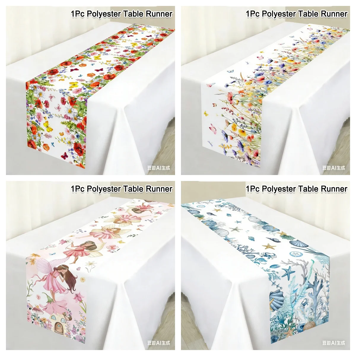 

Watercolor Table Runner Polyester Floral Fairy Seashell Print Table Decoration for Dining Room Kitchen Wedding Party Holiday
