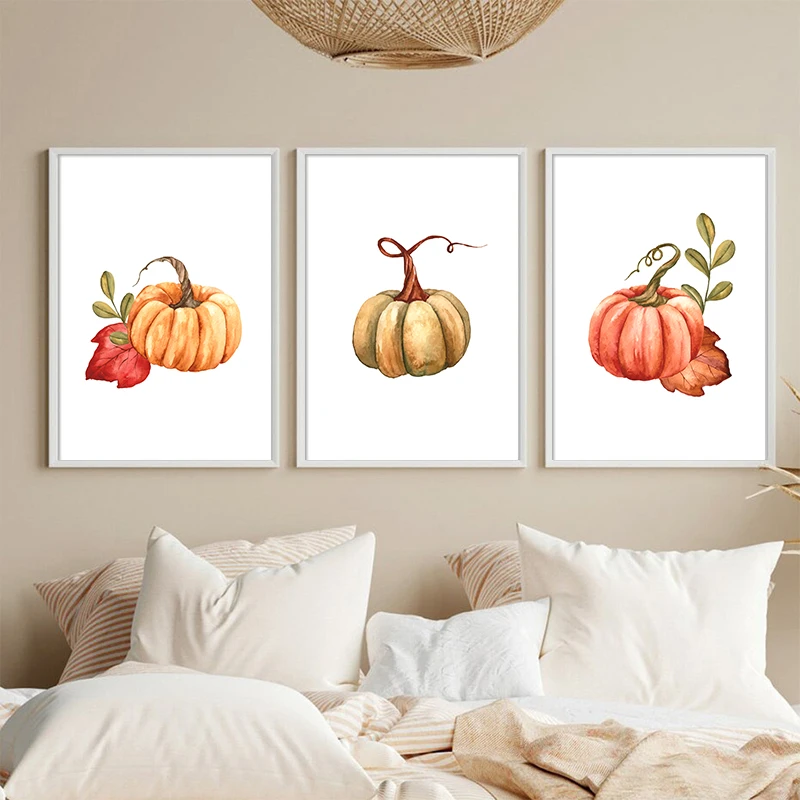 Halloween Pumpkin Art Poster Yellow Orange Painted Pumpkin Canvas Painting Wall Print Kitchen Living Room Home Decoration