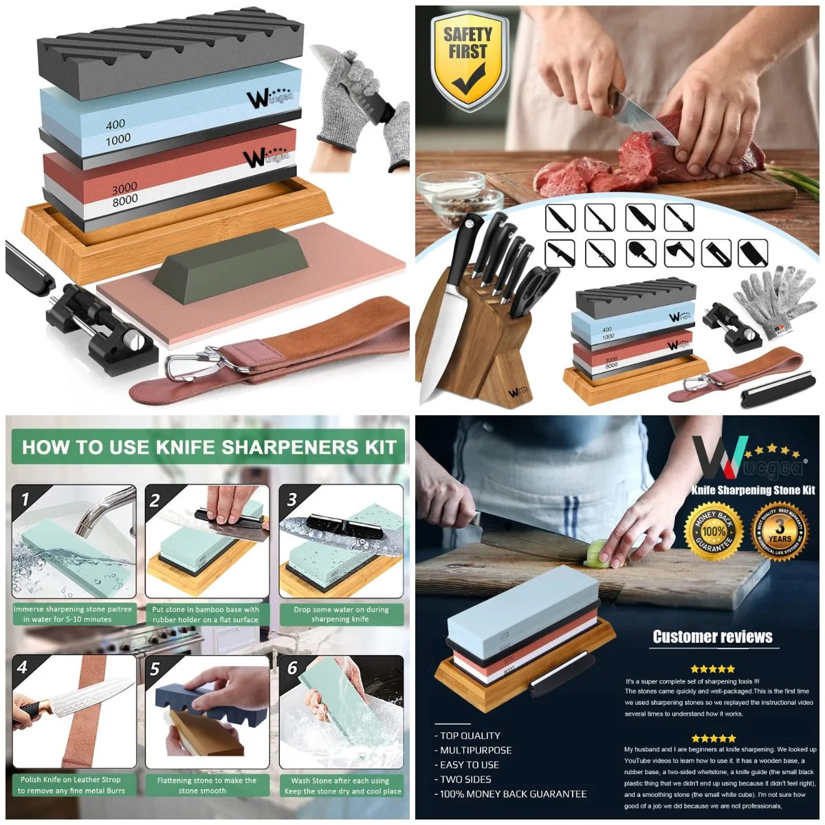 

Knife Sharpening Stone Kit 400/1000/3000/8000 Grit Wet Whetstone Set with Bamboo Base, Angle Guide, Leather Strop & Gloves