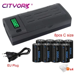 CITYORK 4-8 Pcs C Size LR14 Rechargeable Battery 1.2V NI-MH Rechargeable Type C Batteri C Cell + 8 Slots LCD Battery Charger