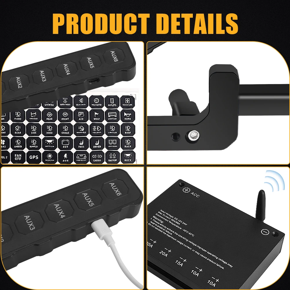 12V Wireless Grab Handle Switch Panel 6 Gang Wireless Armrest Switch Panels for Jeep Wrangler JK JKU 2007-2018