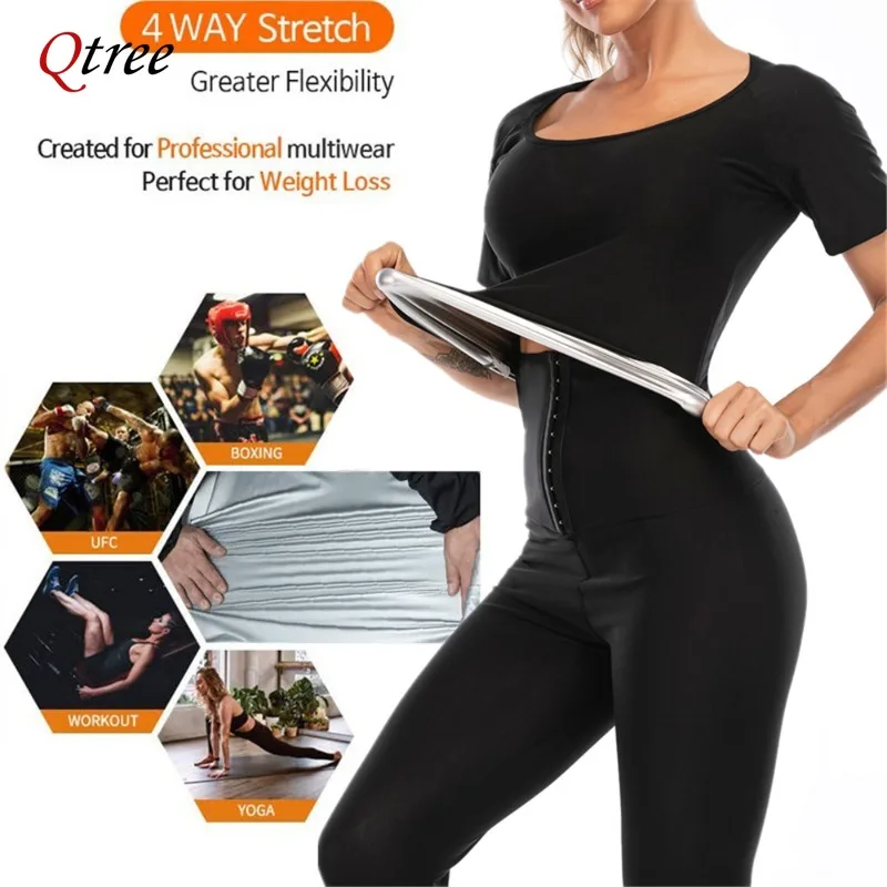 Qtree Body Shaper Sauna Suits Sweat Slimming Waist Trainer Koszula z długim rękawem Kobiety Trening Tummy Control Belly Trimmer Slim Tops