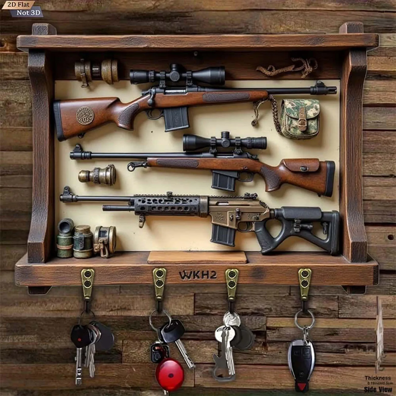 Wooden Key Holder 2D Flat Vintage Rifle Gun Pattern Wall Mount Key Rack 4 Hooks Man Cave Decor 1pc