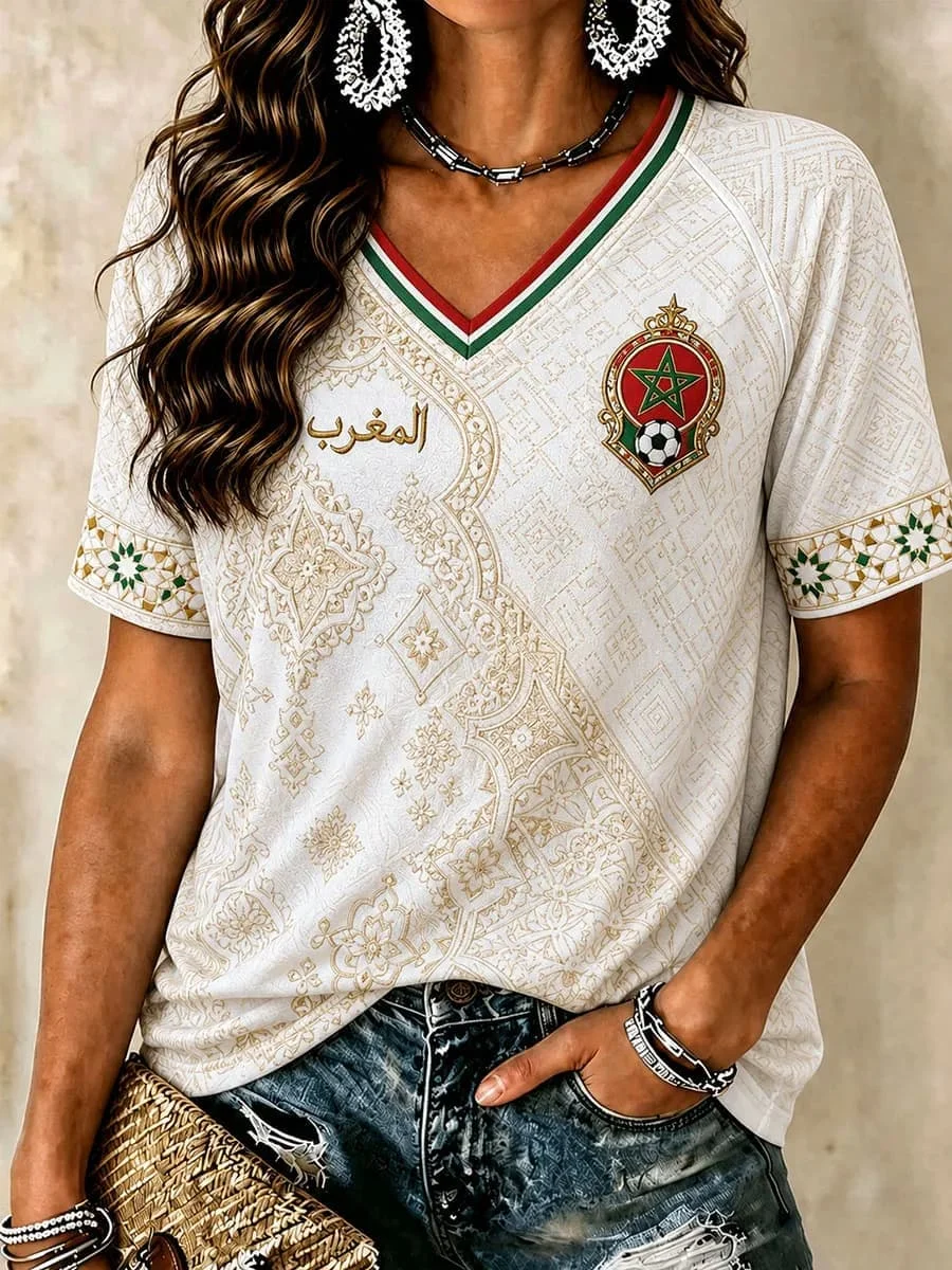 2027 Morocco Flag T-Shirt Women V-Neck Sportswear With _MOROCCO_ Crest Traditional Trim Casual Tops Jersey Y2K Sports T-shirt