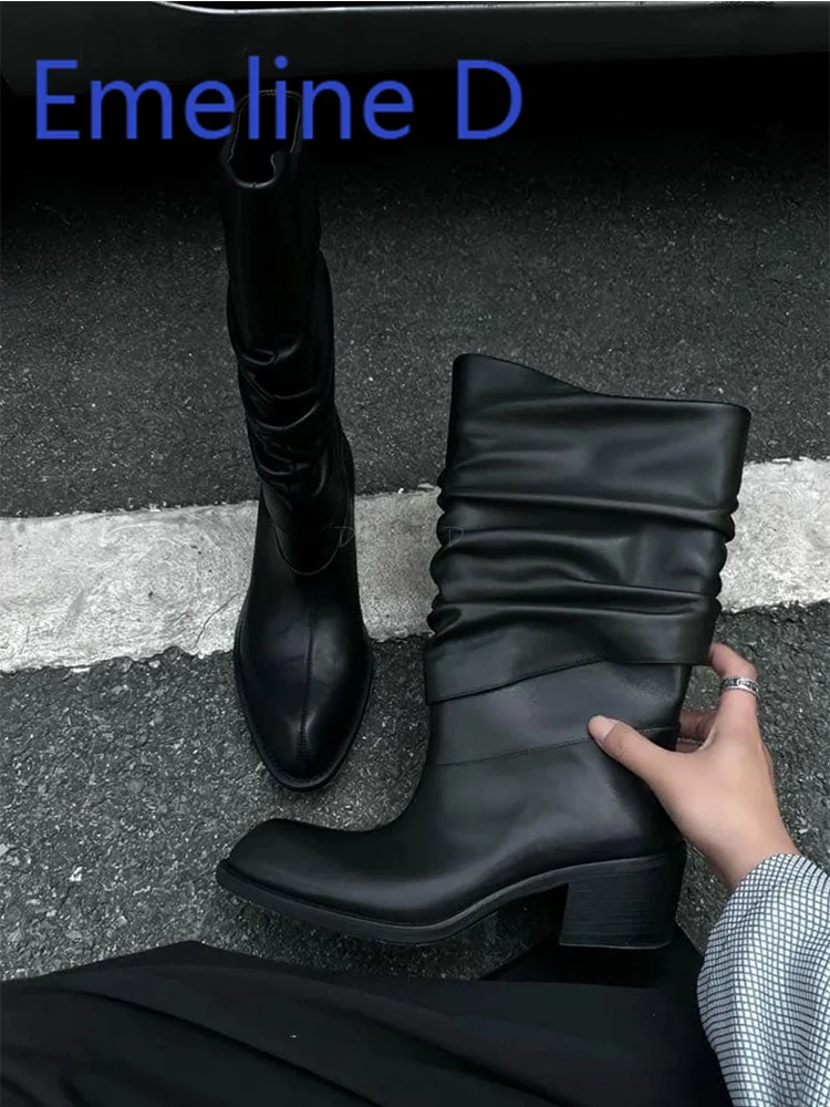 

Three Dimensional Pleated Lapel Knight Boots Pointed Toe Thick Heel Mid-Calf Boots Black Minimalist Round Toe Short Boots