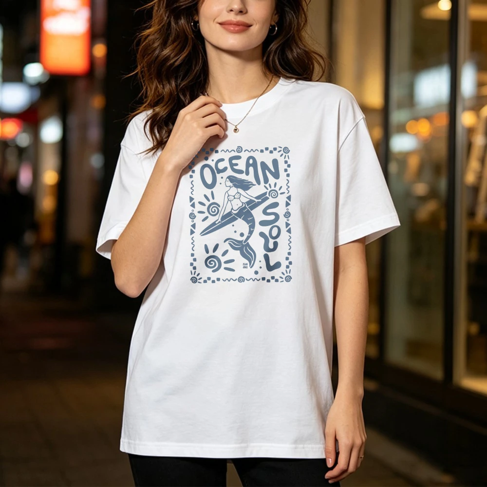 Ocean Soul Mermaid Graphic Tee Surfing Girl Summer Beach Vacation Line Art Women Men Cotton Tops Summer Fashion Outdoor Clothing