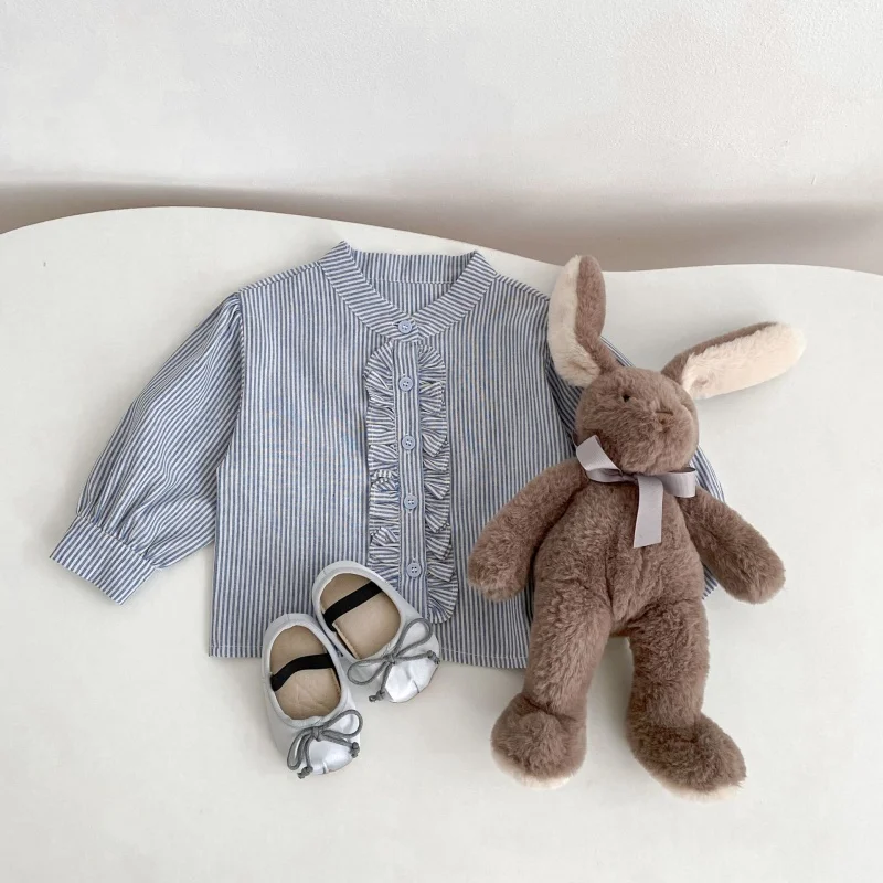

Girls' Shirt 2026 Baby Spring and Autumn New Vintage Lantern Sleeve Striped Shirt Girls' Sweet Long Sleeve Top 1-4 Years Old