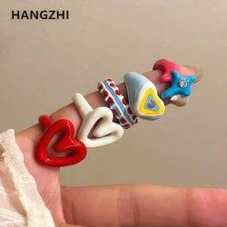 HangZhi Colorful Enamel Heart Sweet Ring Trendy Geometric  Dripping Oil for Women Girls Funny Y2K Chunky Jewelry Summer NEW