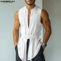 Sleeveless Men Tank Tops Solid Color Tops Tee Streetwear Men's Clothing Summer Fashion Oversize V Neck Belt Tops S-5XL INCERUN