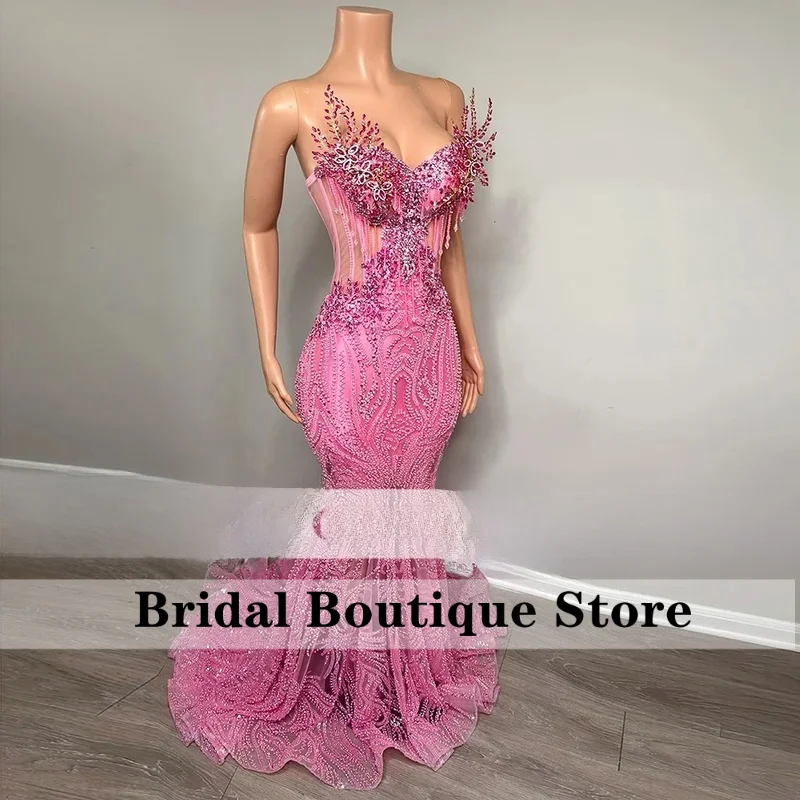 Pink Mermaid Evening Dress Crystals Beads Long Prom Dress Formal Party Gown Black Girl Birthday Dress Customized