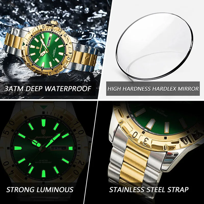 Cool Gold Watch Men Luxury Style Stainless Steel Waterproof Military Watch Male Brand Luminous Calendar Week Clock Quartz Sports