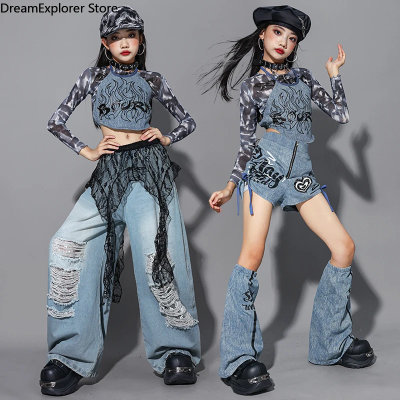 

Джинсовый укороченный топ K-pop для девочек, джинсы для уличных танцев, брюки, детские шорты в стиле хип-хоп, джаз, комплект одежды, детская уличная одежда, групповые костюмы для девочек