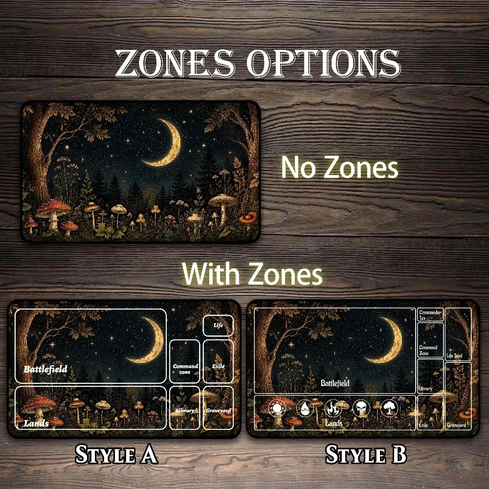 Crescent Moon Mushroom Magic Forest TCG Playmat Starry Night Sky Vintage Woodland Art Witchy Aesthetic Non‑Slip Desk Mat