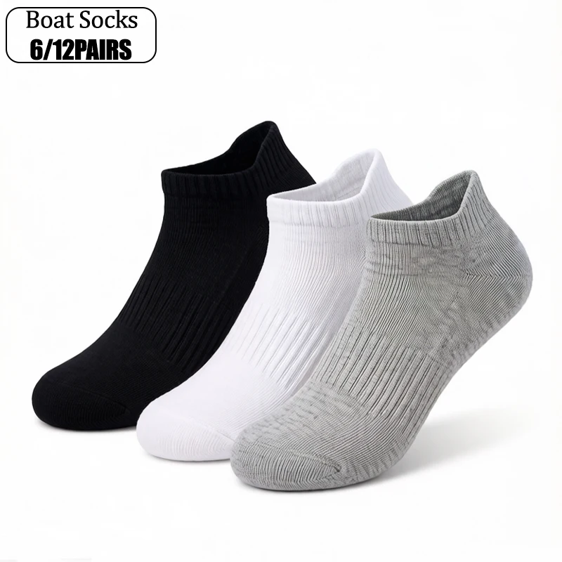 

6/12 Pairs 100% Cotton Men's Boat Socks Summer Black White Gray Anti-Odor Breathable Low Cut Sports Socks For Plus Sizes 38–45