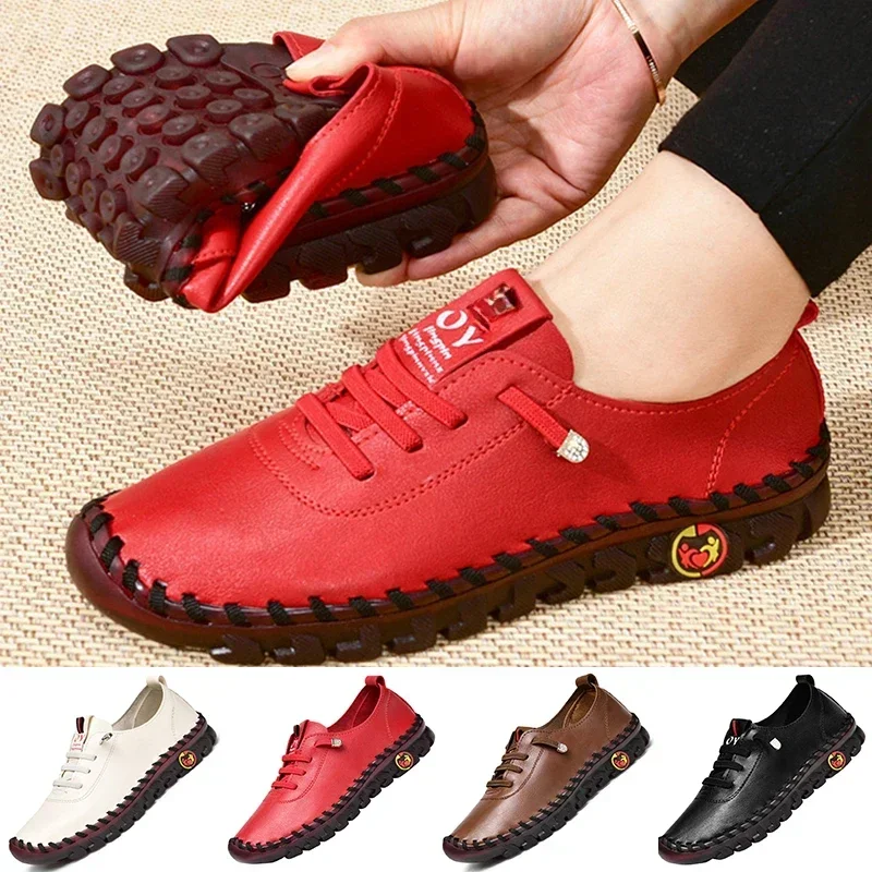 Women Sneakers Summer Pu Leather Platform Loafers Lace Up Comfort Flat Slip-On Mom Shoes Plus Size Mujer Zapatos Chaussure Femme