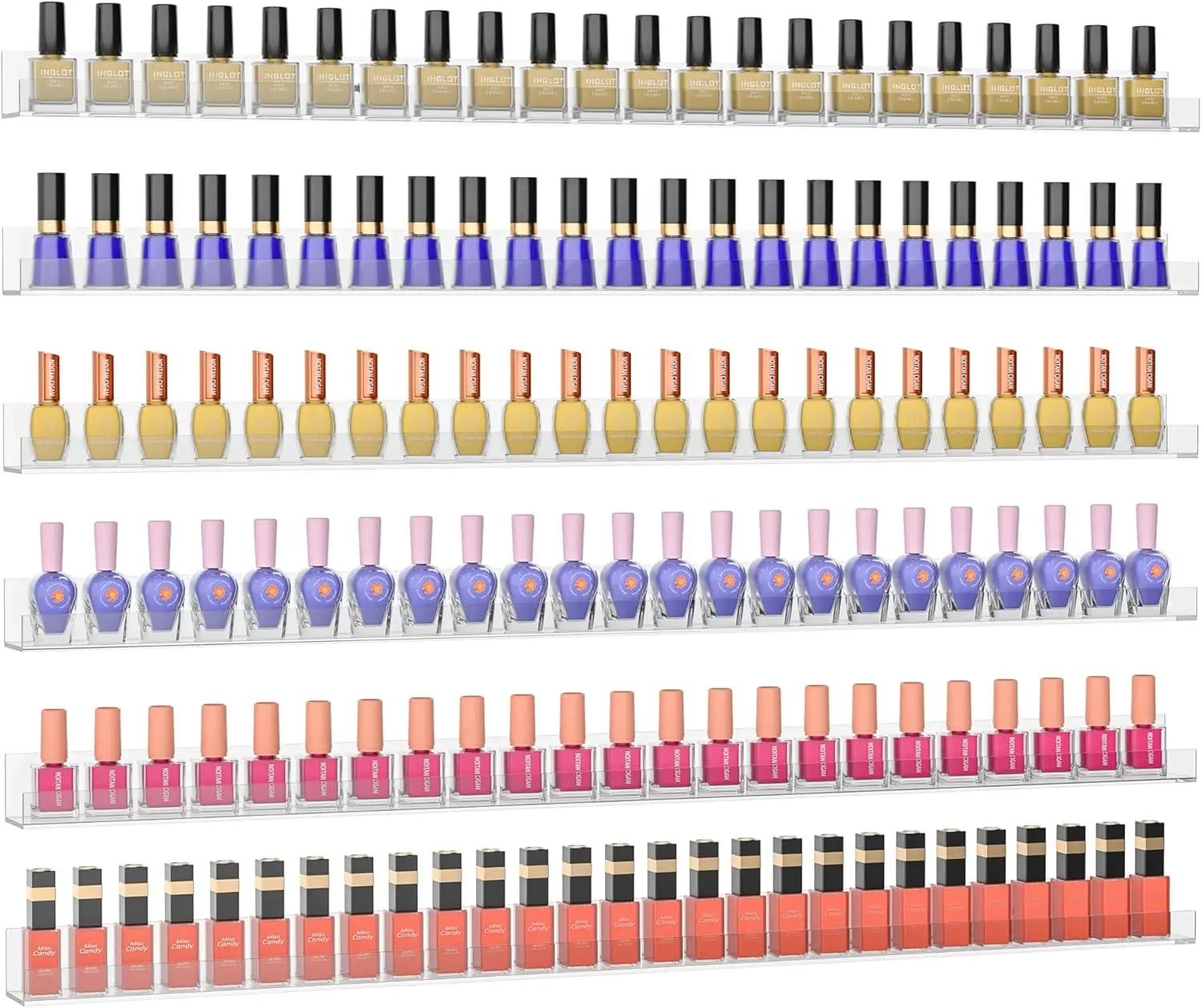 

Clear Acrylic Nail Polish Wall Shelf, Holds Up to 192 Bottles, 6-Pack Organizer with Easy Installation