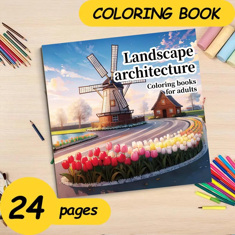 Libro da colorare per architettura paesaggistica per adulti e adolescenti con 24 pagine per alleviare lo stress, uccidere il tempo, disegno di pittura con graffiti