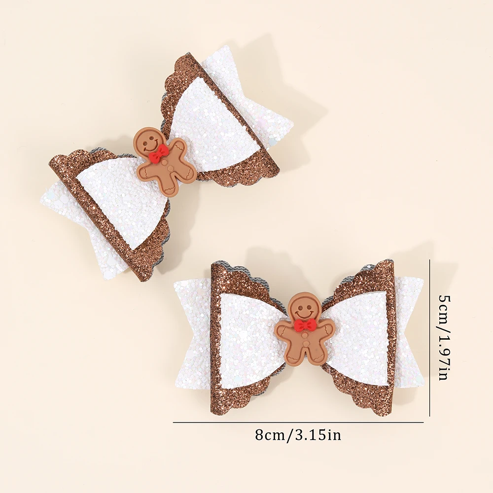 2pcs Sparkle Christmas Bow Hair Clips For Girls Cute Gingerbread Man Barrette Shining Glitter Sequins Hairpins Party Accessories - view 5