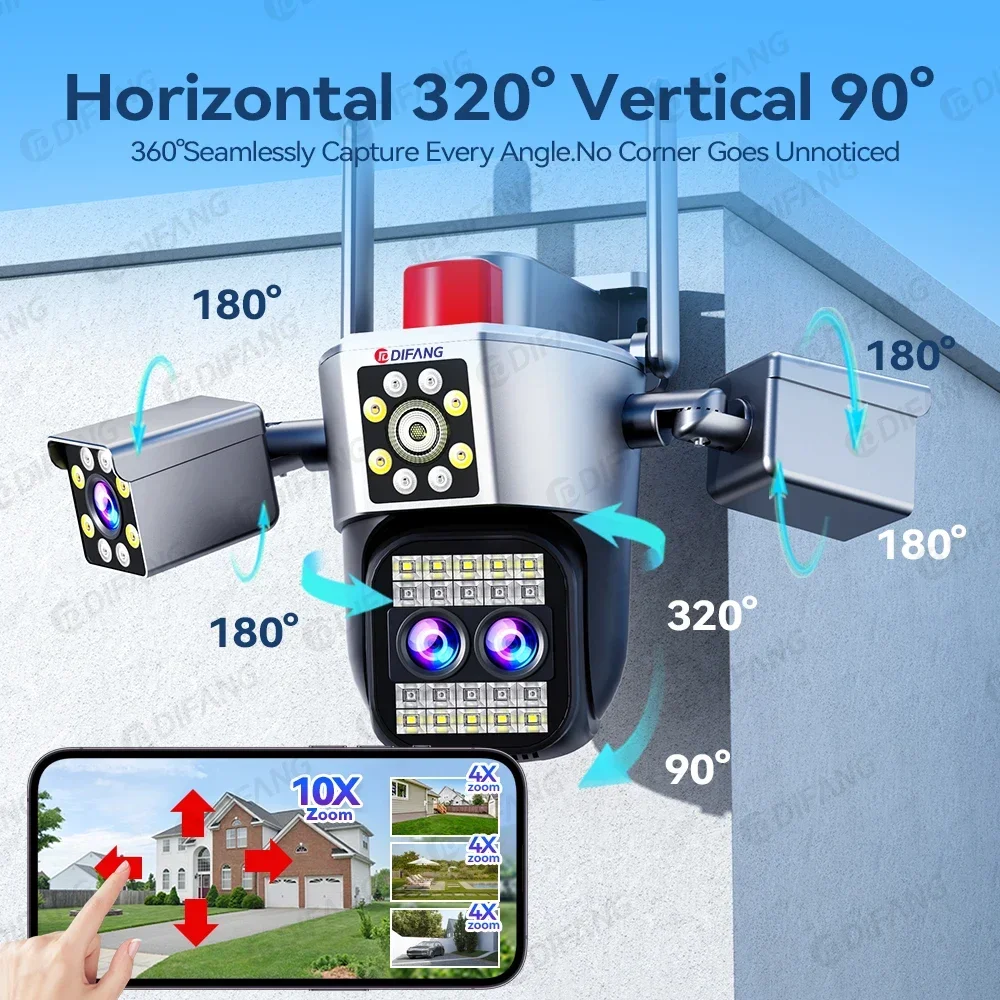 Kamera IP DIFANG 10K UHD WIFI 20MP Optics10X Zoom Cztery ekrany Cztery obiektywy PTZ Automatyczne śledzenie Wodoodporna kamera bezpieczeństwa CCTV