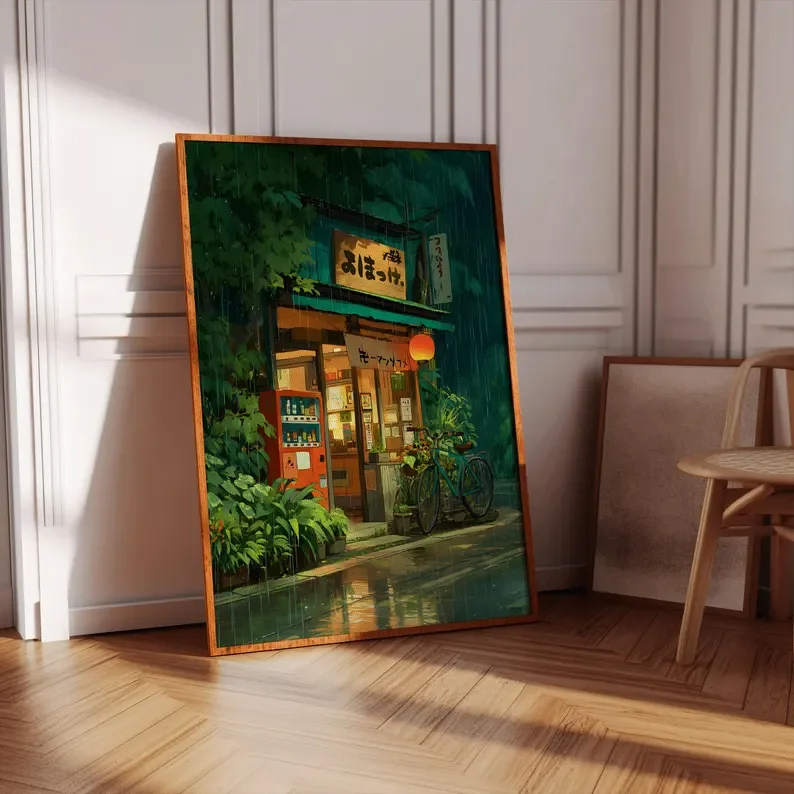 Anime Cafe Shop and Bicycle Canvas Poster Ghibli Work Anime Style Street Cafe Scene Wall Art Printing for Living Room Home Decor