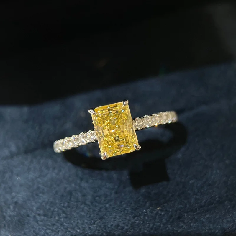 

s925Silver Carbon Ice Flower Cut3Carat Yellow Ring Full Diamond Inlaid High-Grade Seiko Square Rhinestone R