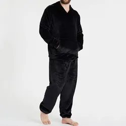 Conjunto de pijama cálido de lana para hombre, ropa de dormir de felpa gruesa con bolsillos, Tops y pantalones con capucha, Color sólido, suave para el hogar, Invierno